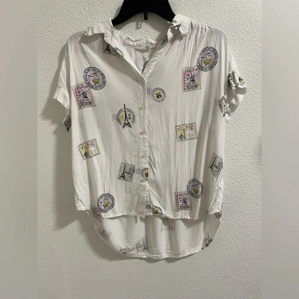 Jane & Delancey Chic Parisian Print White Button-Down Shirt